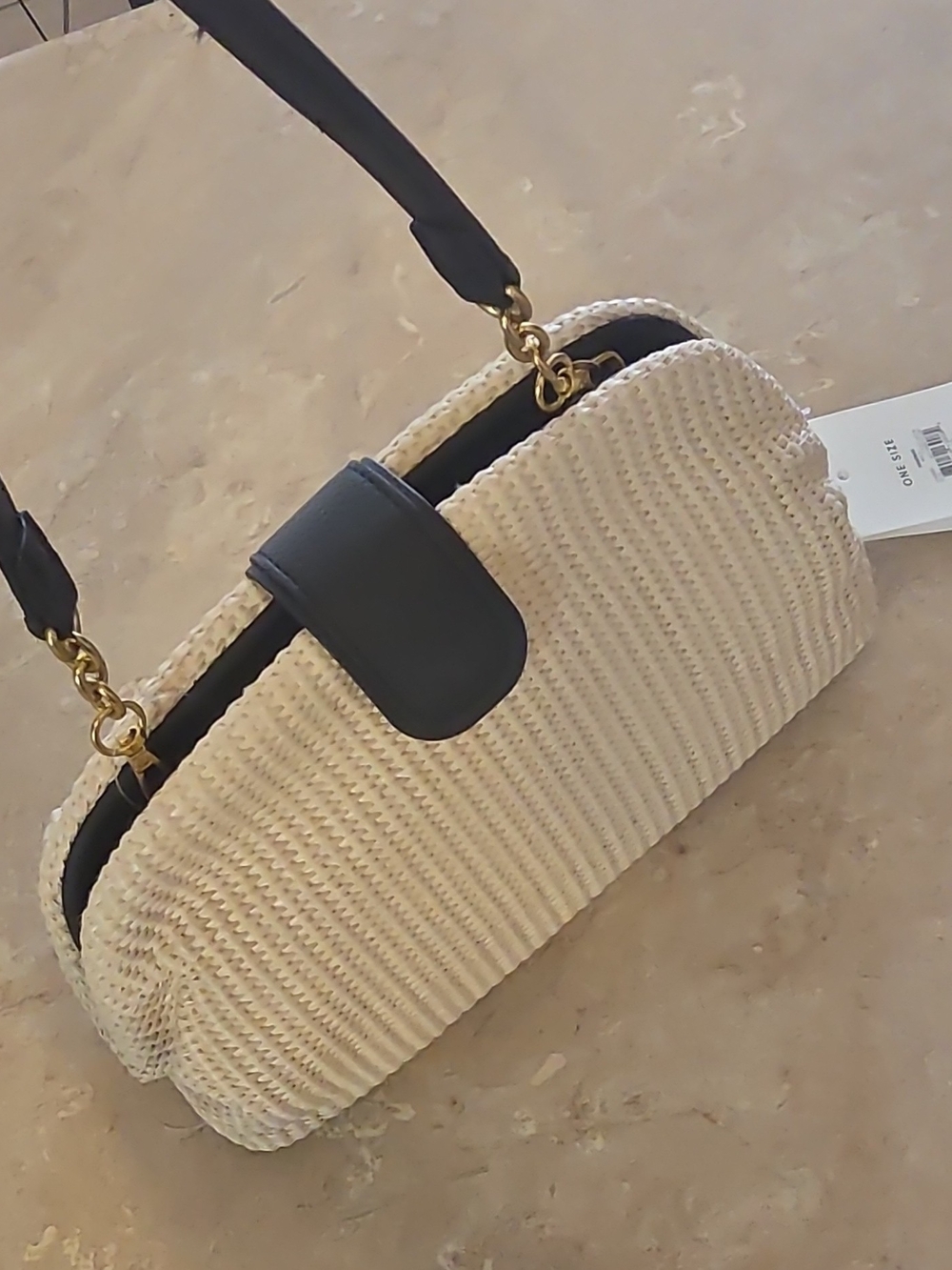 Woven Cream Shoulder Bag with Black Trim
